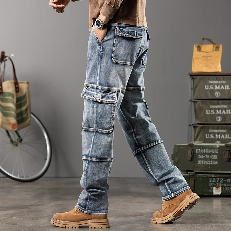 Autumn And Winter New Styles Men'S Outdoor Wide Leg Workwear Multi-Pocket Jeans Straight Fit Plus Size Men'S Jeans 42 44