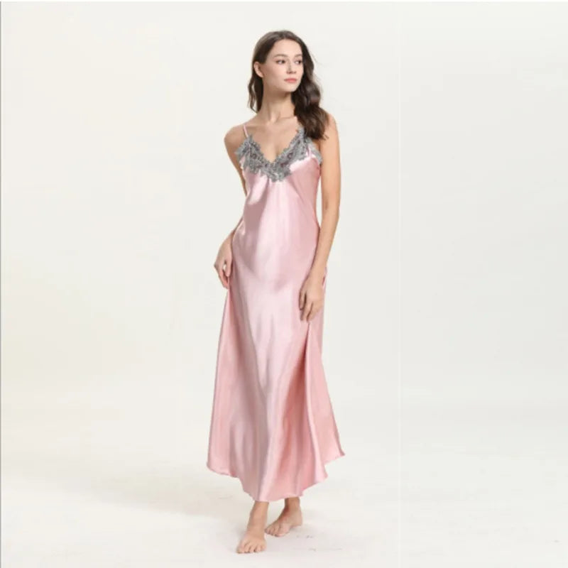 1 PCS Women's Silk Like Lace Sexy V Neck Long Sling Sleep Dress Pajamas Elegant Soft Skin-Friendly Fashion Home Wear