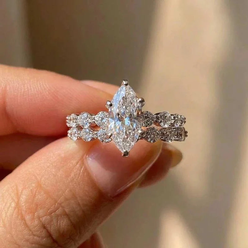 Sterling Silver Zircon Ring For Women Marquise Cut Elegant Engagement Jewelry Premium Quality