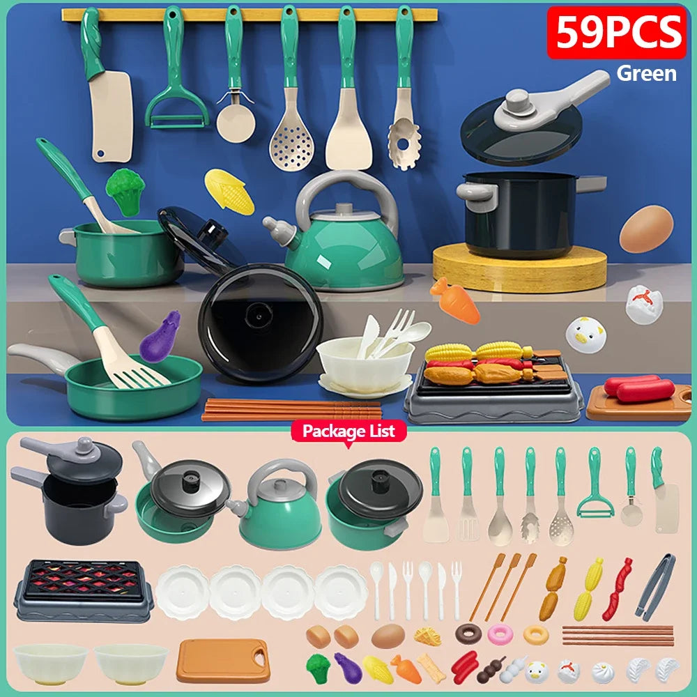 Juego de juguetes de cocina para niños de 92/69/59 piezas, kit de accesorios de cocina de juego con ollas de juego, comida de juguete de simulación, regalo para niñas y niños pequeños