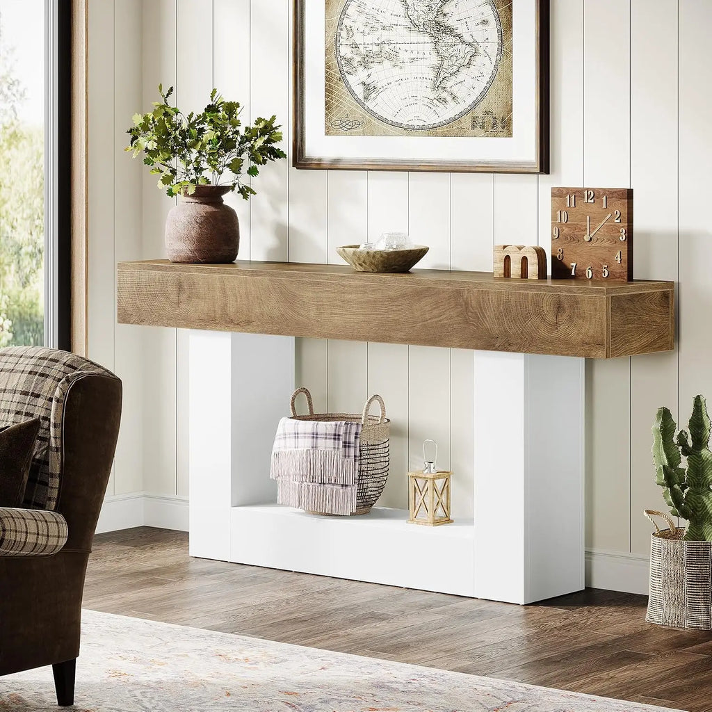 63" Farmhouse 2-Tier Console Table with U-Shaped Base, Narrow Long Wood Sofa Table for Entryway Living Room Hallway, Brown & Whi