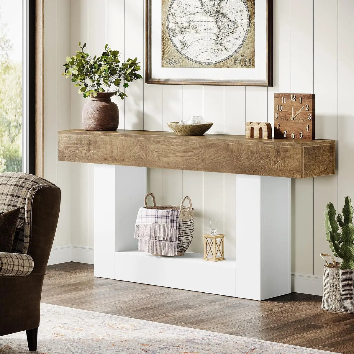 63" Farmhouse 2-Tier Console Table with U-Shaped Base, Narrow Long Wood Sofa Table for Entryway Living Room Hallway, Brown & Whi