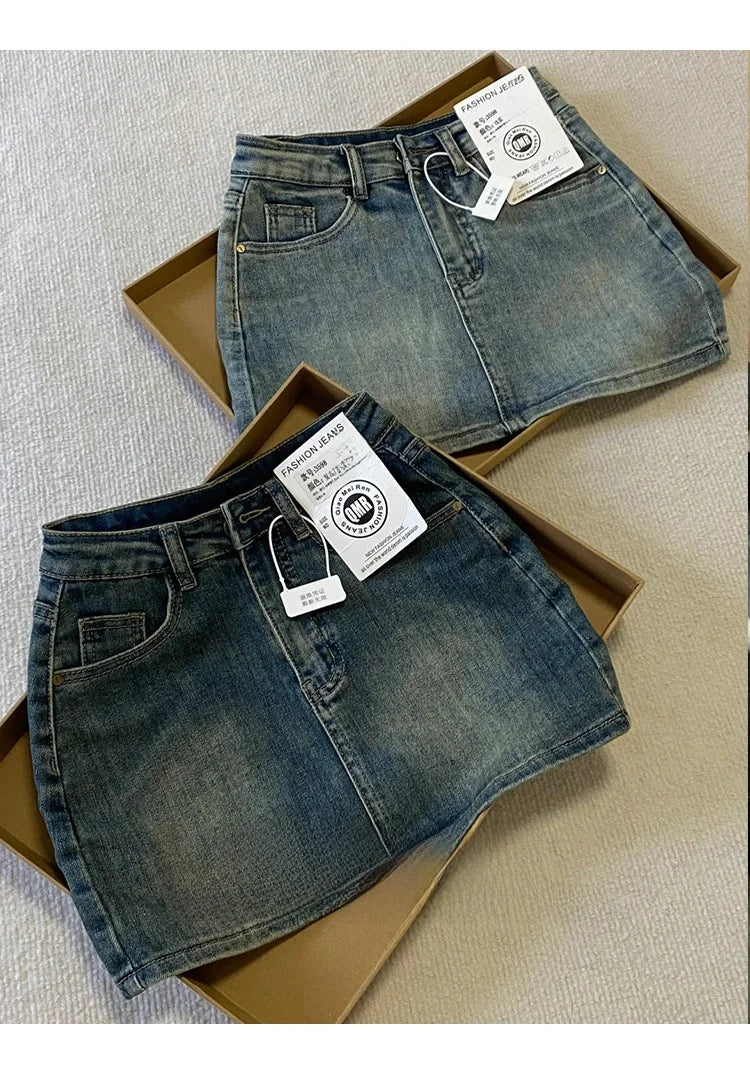 Hot Girl Denim  Skirt Summer plus Size Women's Pear Body Shape Slimming A-Line Short Skirt High Waist Non-Stretch Denim