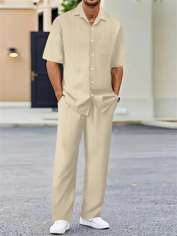 Mens Geometric Color Block Short Sleeve Two Piece Set For Autumn Casual Comfort And Fashion