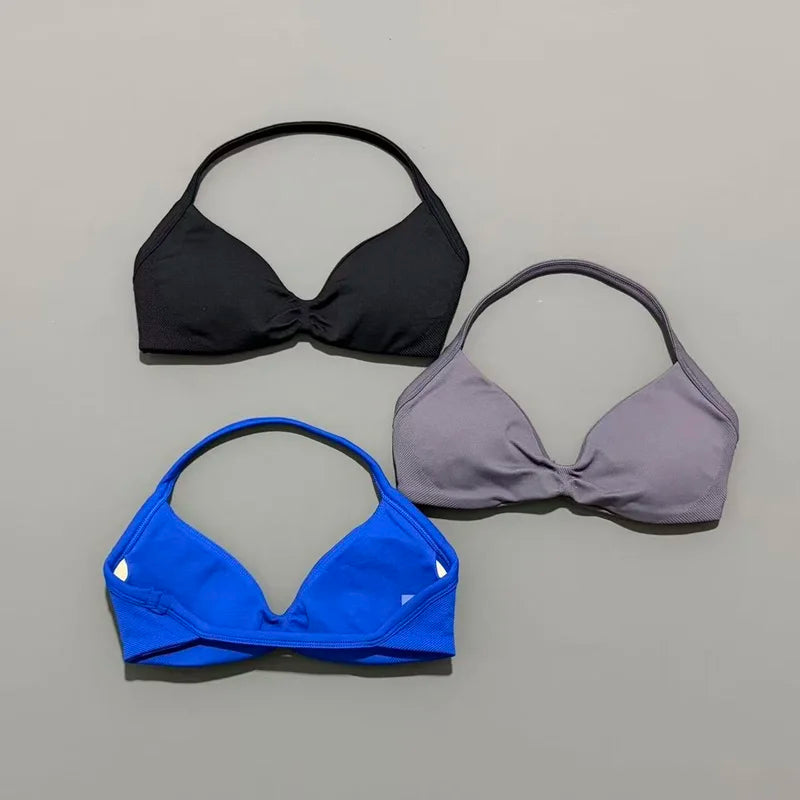 HISTELLO Sports Strappy Bra Df Solid Color Women Seamless Yoga Underwear Fitness Workout Halter Top Running Gym Sports Bra