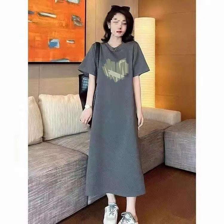 plus Size Long Knee-Length Summer Dress Women's Short Sleeve round Neck Loose Fit Knitted Fabric Straight Cut Casual Style