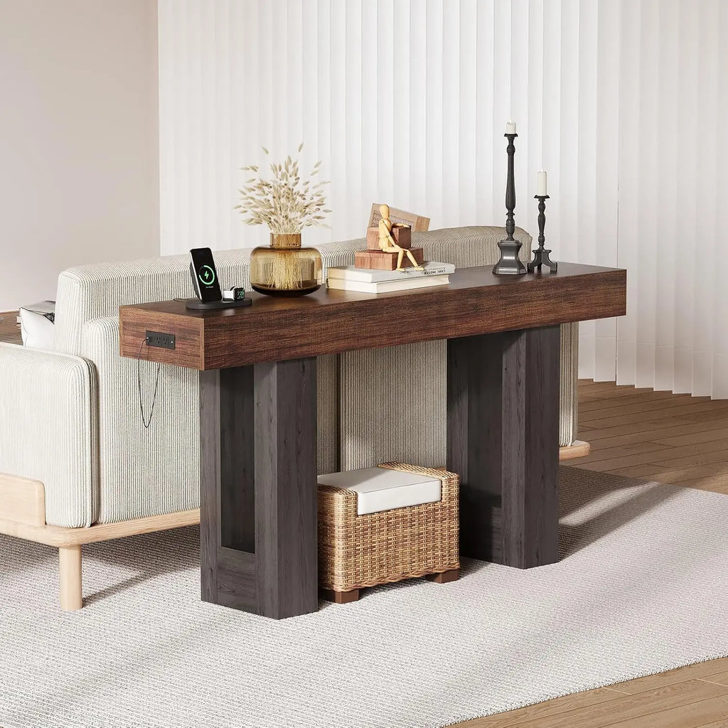 63" Entryway Console Table with Power Outlet, Rustic Brown Wooden Narrow Sofa Table for Hallway Foyer Living Room, Customized