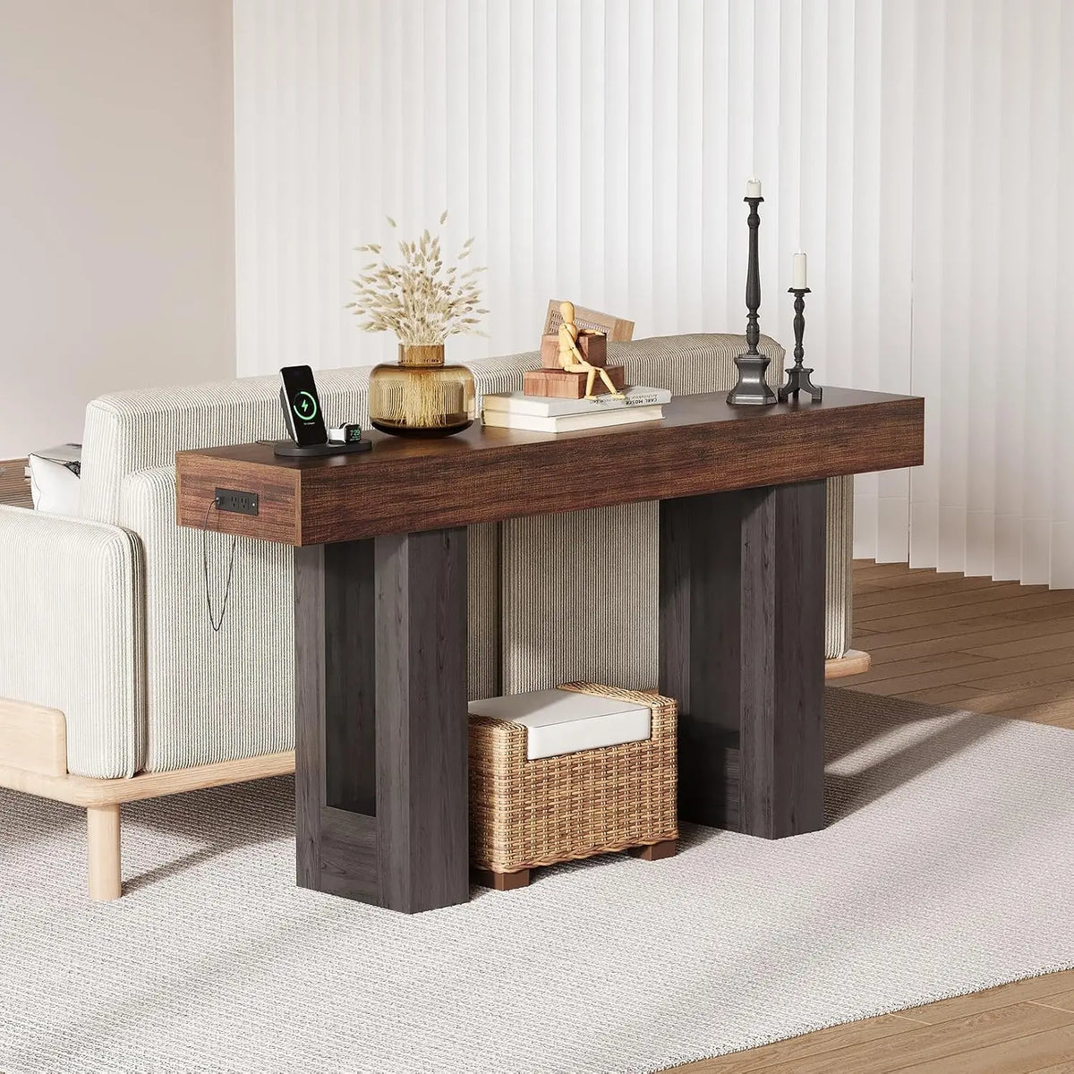 63" Entryway Console Table with Power Outlet, Rustic Brown Wooden Narrow Sofa Table for Hallway Foyer Living Room, Customized