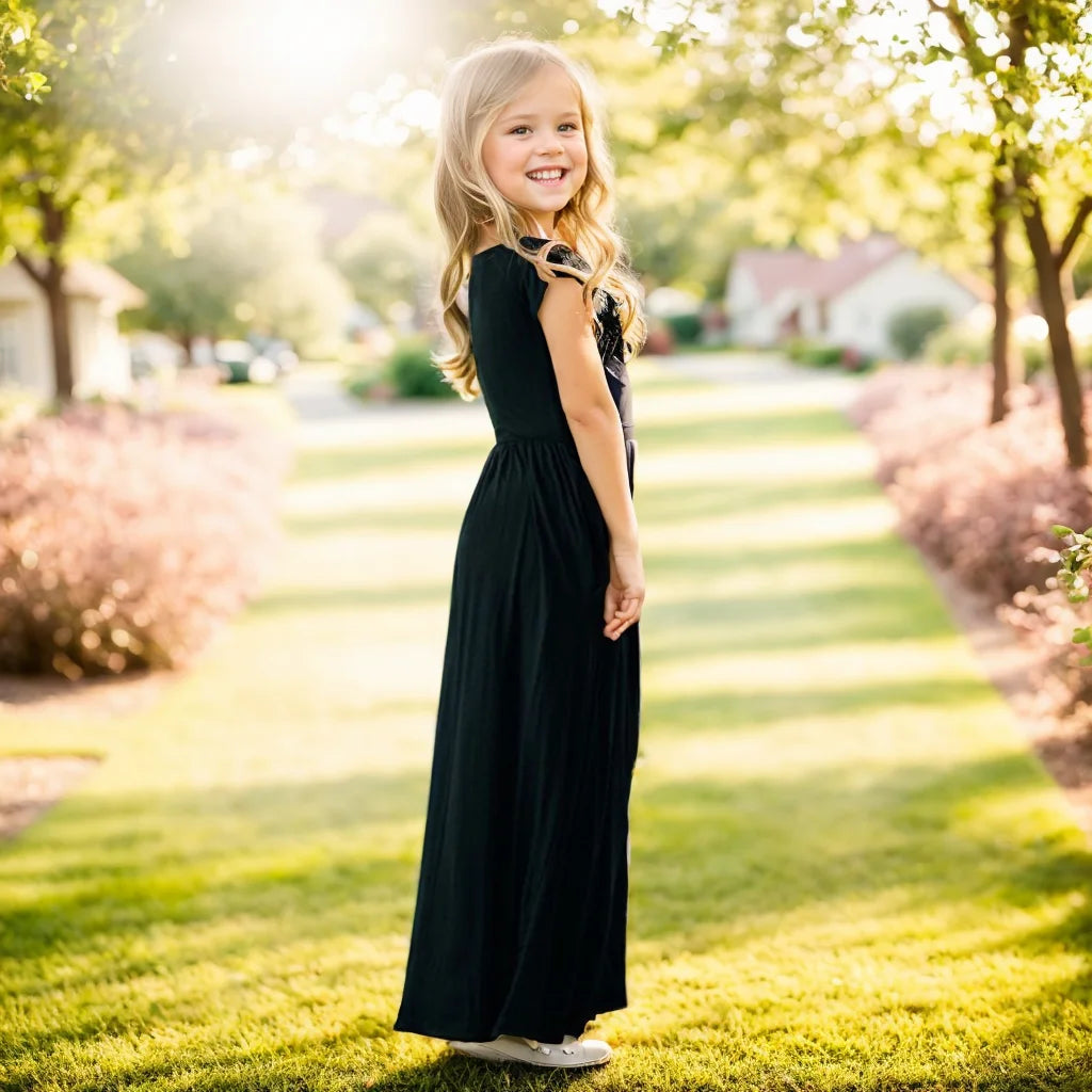 Summer Girls New Solid Color Short Sleeved Long Dress Beach Party Birthday Casual Fashion Show Versatile A-Line Dress