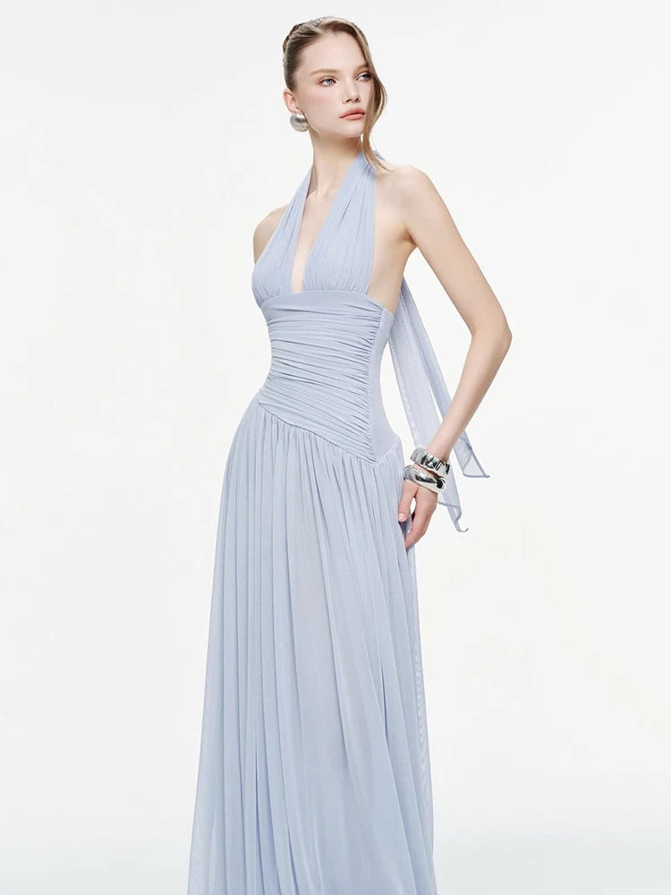 Nibber Backless Fashion Draped Maxi Dress Women Halter Bandage Tassel v-Neck Sleeveless Birthday Party Elegant Chic Vestidos