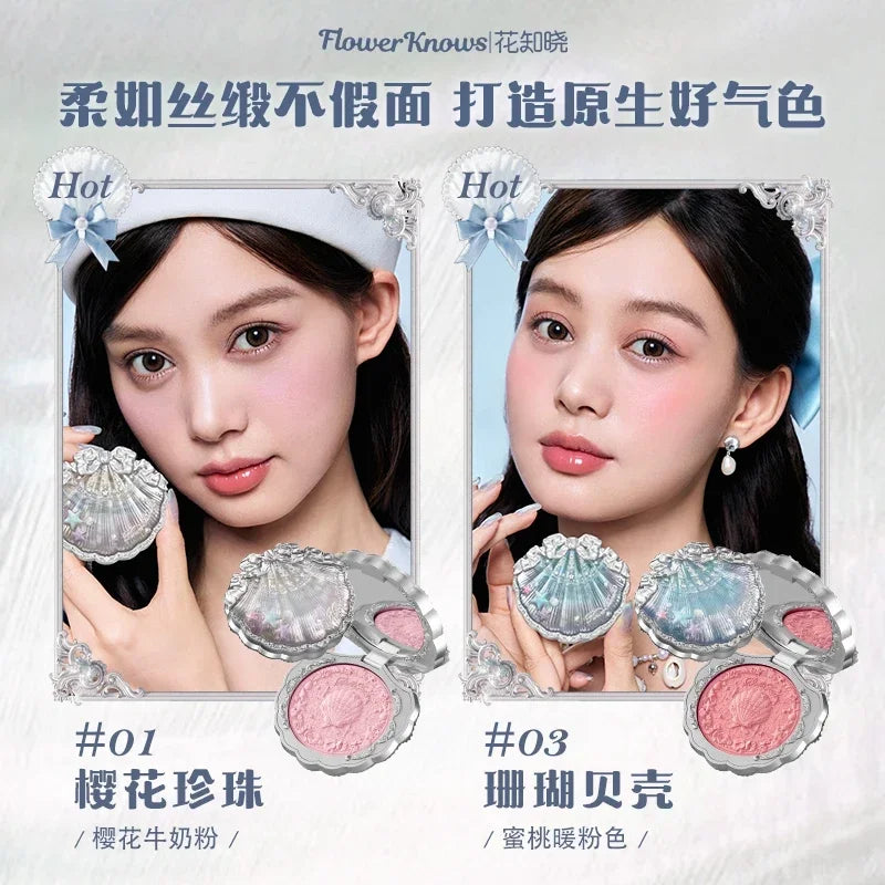 Flower Knows Shells Jewel Collection Embossed Silk Satin Blusher Expands Shrink Cheek Vintage Pearl Makeup