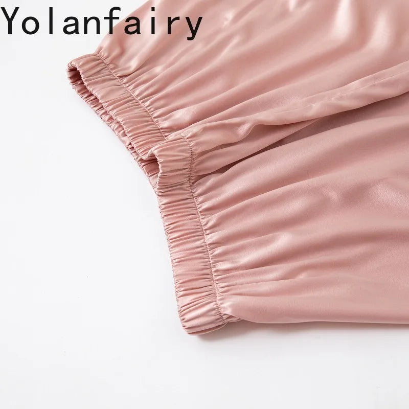 YOLANFAIRY 93% Real Mulberry Silk Pajamas for Woman 2026 Spring Summer High-end Sets Woman 2 Piece Short Sleeve Pijamas De Mujer