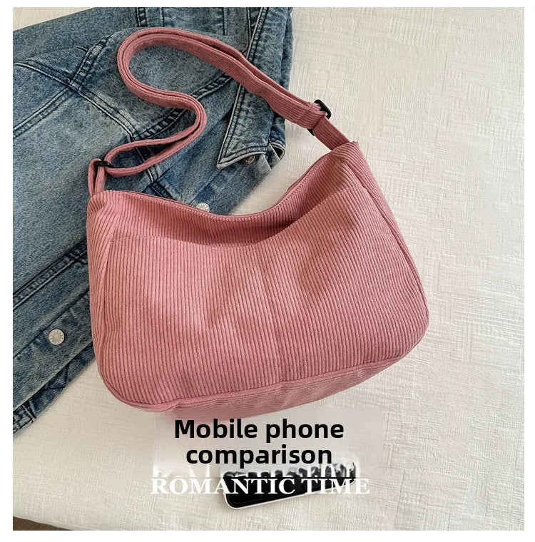 Women’s Corduroy Shoulder Bag, Casual Striped Large Capacity Tote with Zipper Closure, Cute Hat Patch, Perfect for Everyday Use