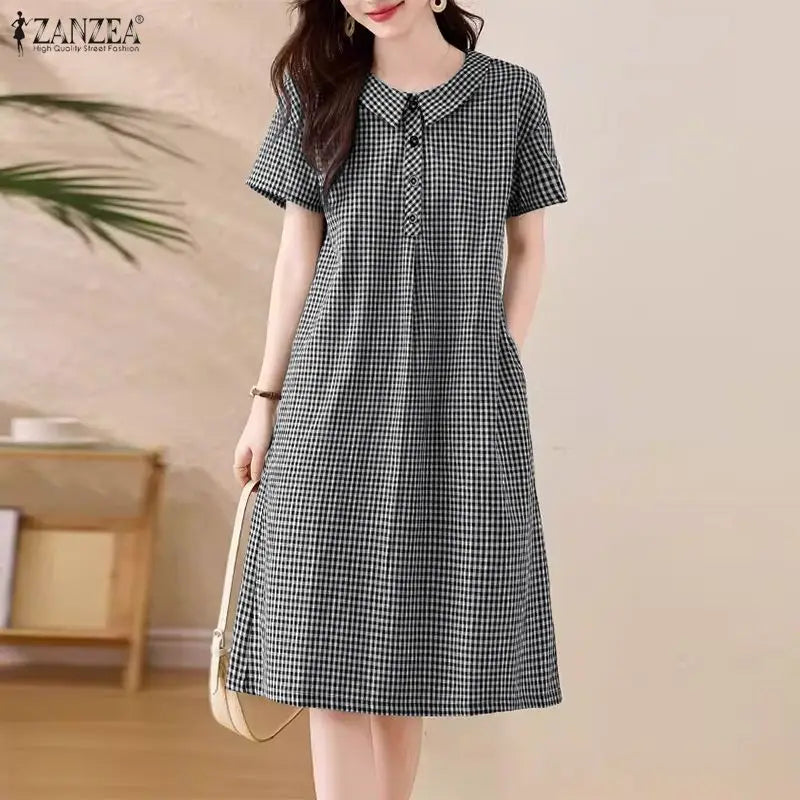 ZANZEA Women's Casual Gingham Short Dresses Turn-Down Collar Half-Button Short Sleeve Knee-Length Dress Summer Robes Femme