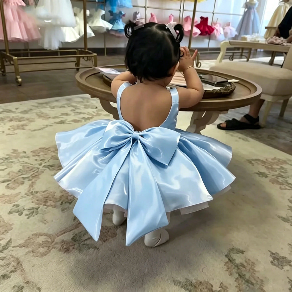 Wedding Mini Flower Girl Dress 2026 Satin Sleeveless Backless Bow Short Tutu Dress Baby Princess Dress Formal Party Dress Custom