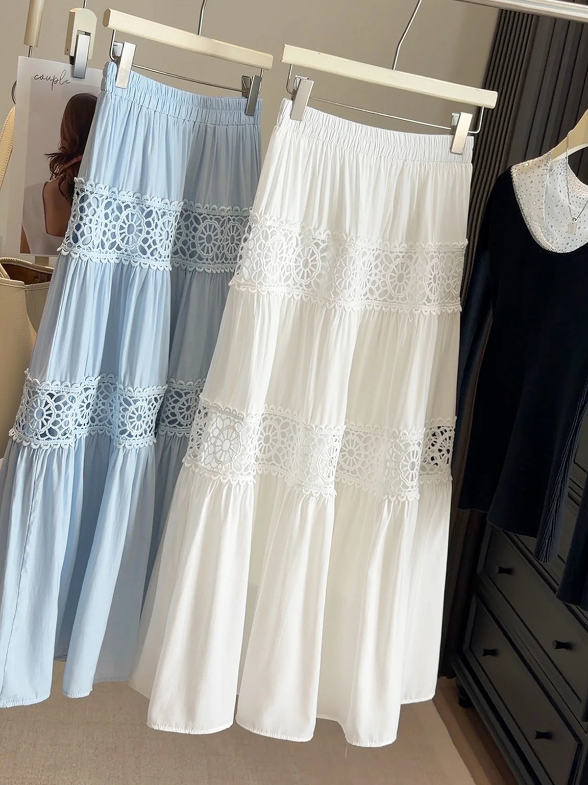 Korean-Style White Cake-Tier Skirt Women's Spring/Summer New Arrival Lace Cutout Patchwork Cotton Elegant Midi Skirt