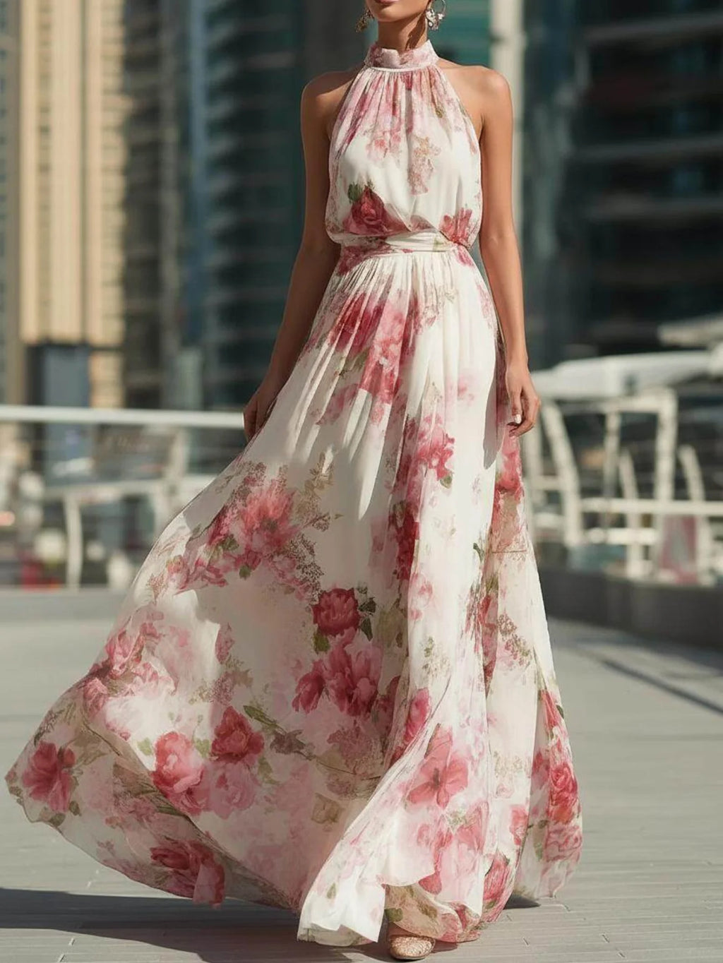 Women's Halter Neck Sleeveless Maxi Dress Floral Print High Waist Pleated Flowy Swing Hem Elegant Floor‑Length Ladies Dress