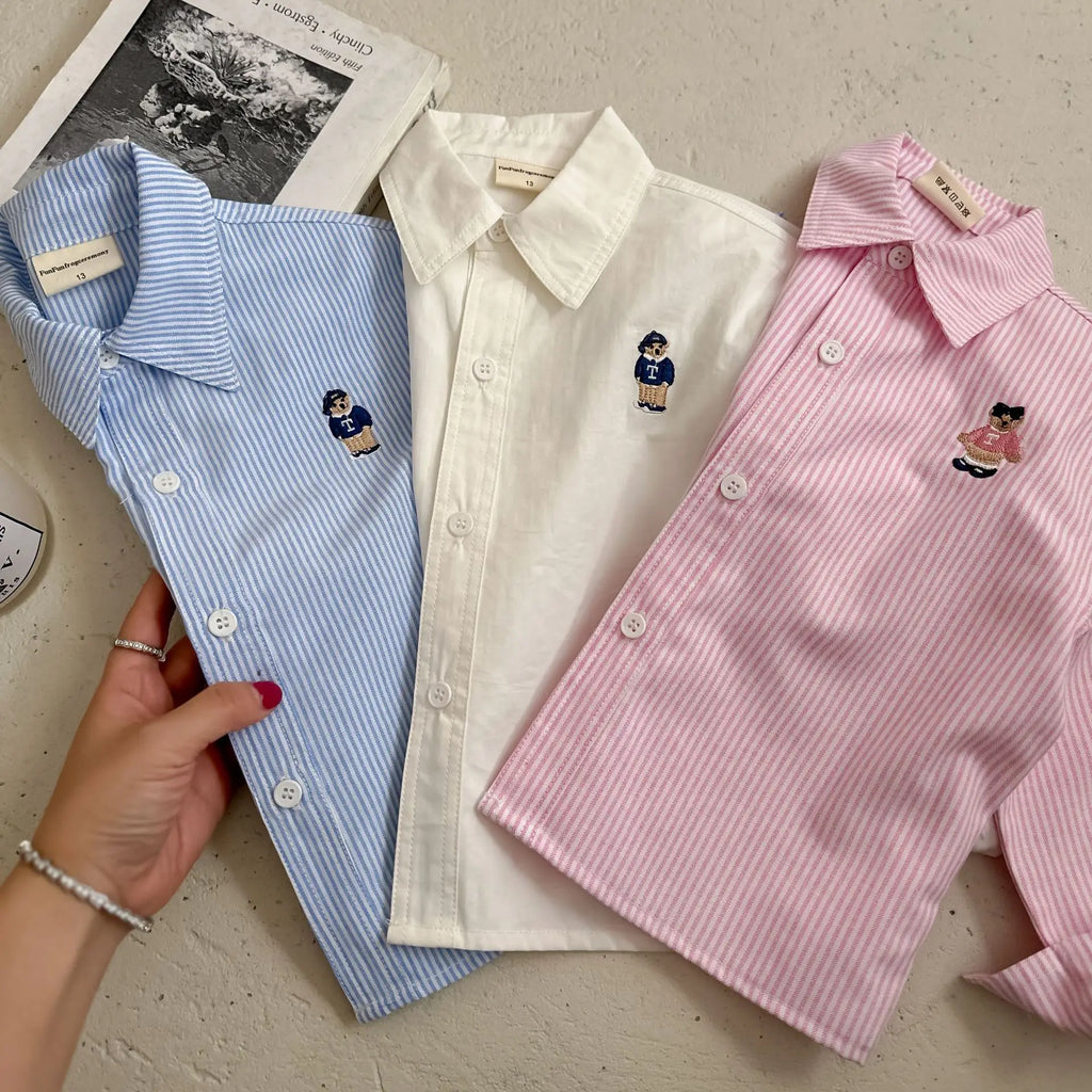 Children's Shirt 2025 Spring Cartoon Boys' Girls' Long Sleeve Blouses Shirts Korean Children's Clothing Pink Blue White Blouse