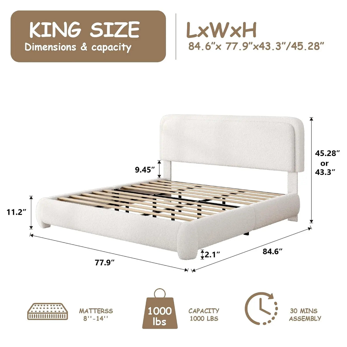 Boucle Upholstered Platform Bed with Adjustable Headboard & Rounded Corners, King Size, No Box Spring, Noise Free, White, Custom