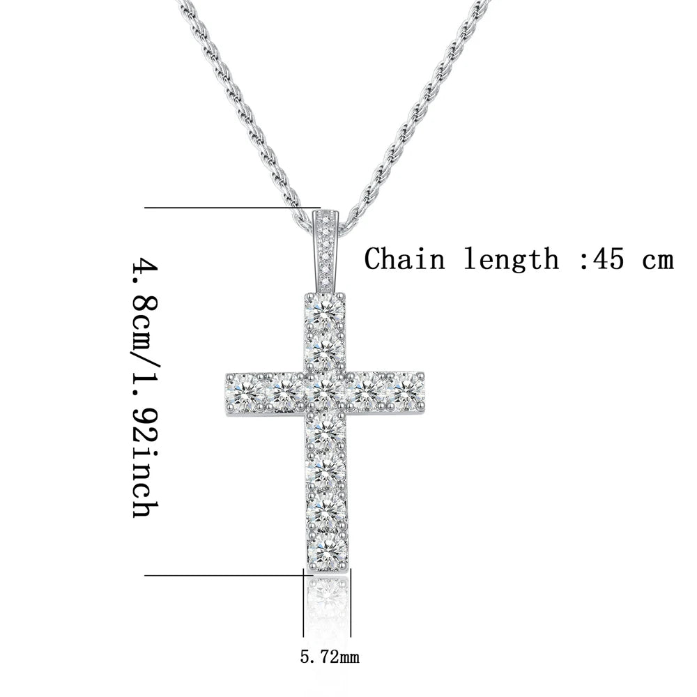 Knobspin 5.5Ct Moissanite Cross Necklace Solid S925 Sterling Silver 1.6Mm Rope Chain Necklaces For Women'S Man Christian Jewelry
