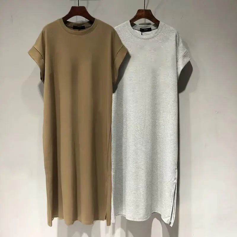 Women Cotton T-Shirt Dress Crew Neck Short Sleeve Loose Split Side Summer Casual Maxi Dress