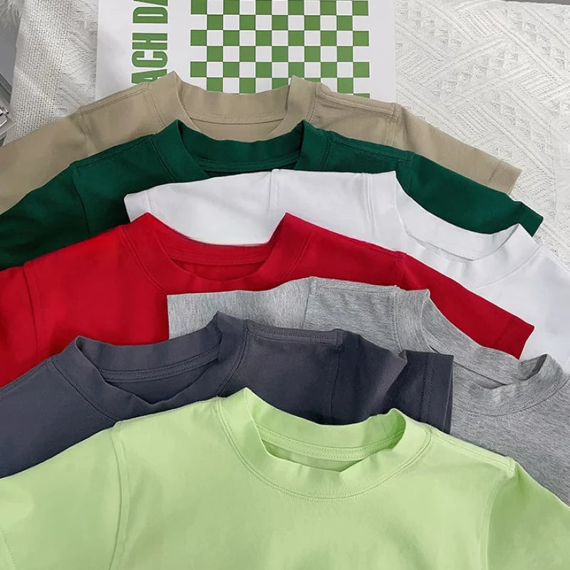 Kids Solid Color Cotton T-Shirt 2026 Spring Summer New Boys Girls Round Neck Short Sleeve Basic Tops Children Casual Tees