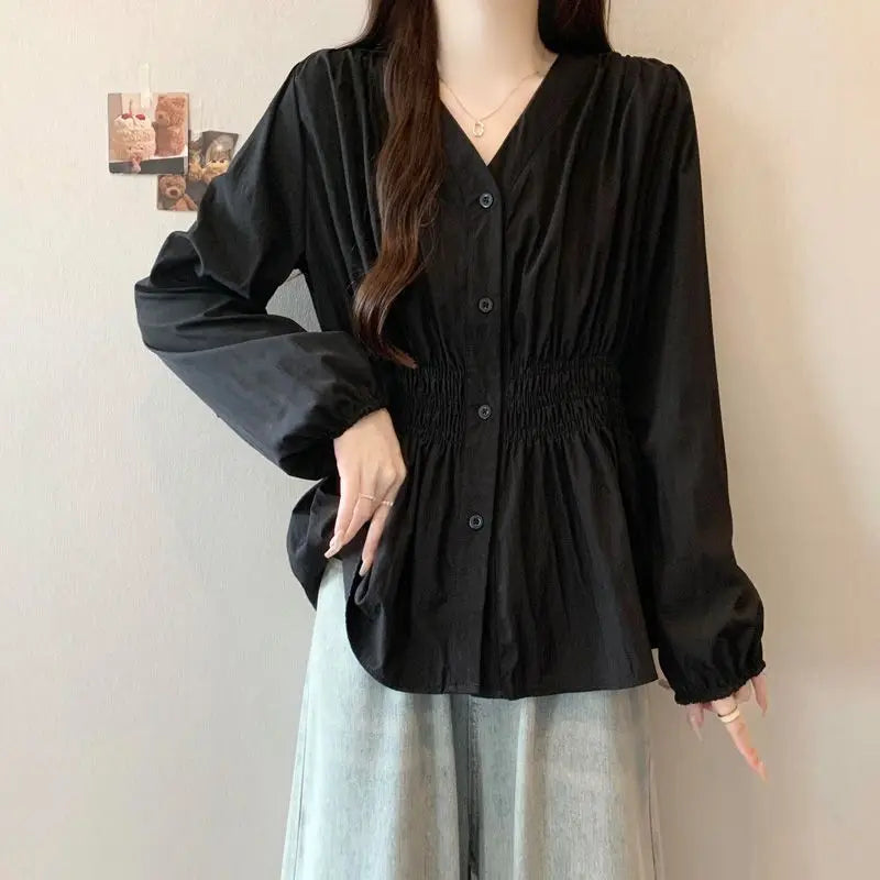 200 Pounds Plus Size Elastic Waist Office Lady Trend Shirt And Blouse Solid Color Top Women Clothing V-neck French Chic Basics