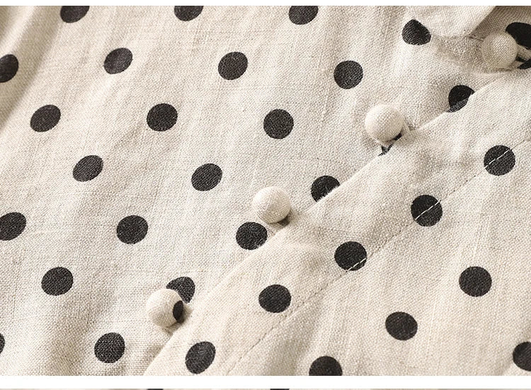 Summer Vintage Polka Dot Cotton Lin Short Sleeve Women's Dress Loose Slimming Gown Side Buttoned Midi Skirt A-Line Dress