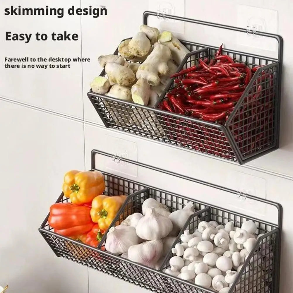 Wall-Mounted Kitchen Storage Basket - Perforation-Free Iron Rack Black
