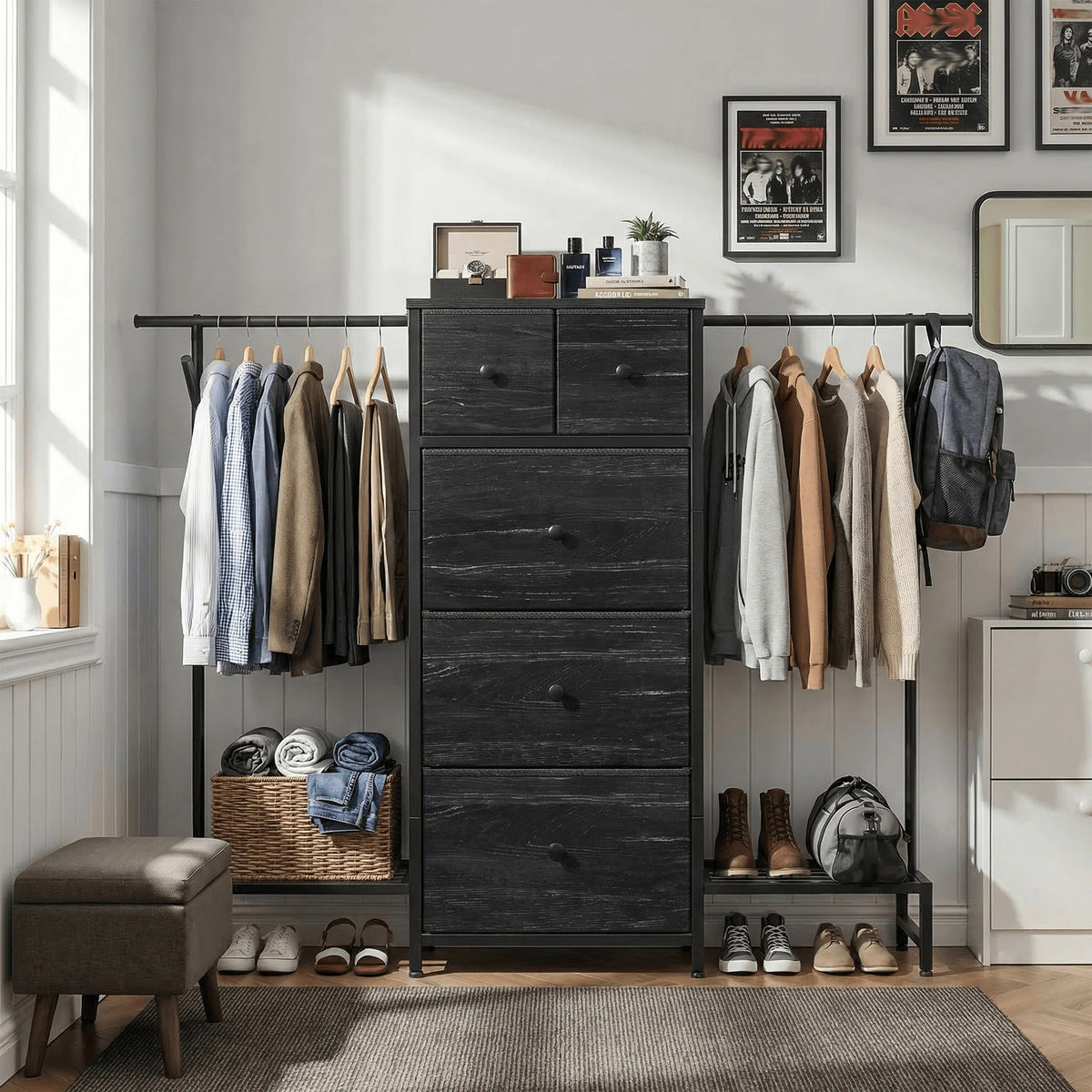 3-in-1 Dresser & Hanging Rack – 57.8" Wide with 5 Drawers & Shoe Rack, Side Hooks for Bedroom Storage and Walk-in closet