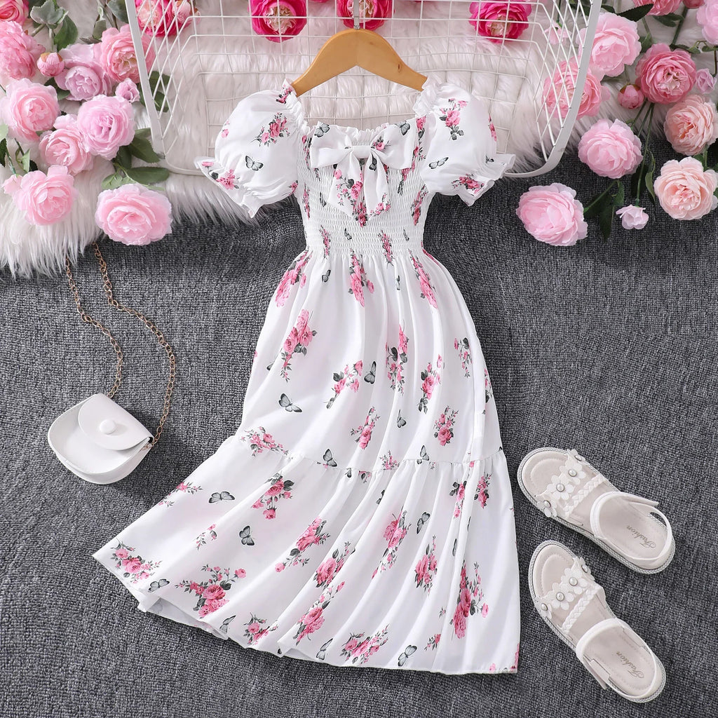 Pink Kids Girl Long Dress Summer Floral Toddler Girls Dresses Cute Sweet Elegant Birthday Party Children Costume 3 4 5 6 7 Yrs