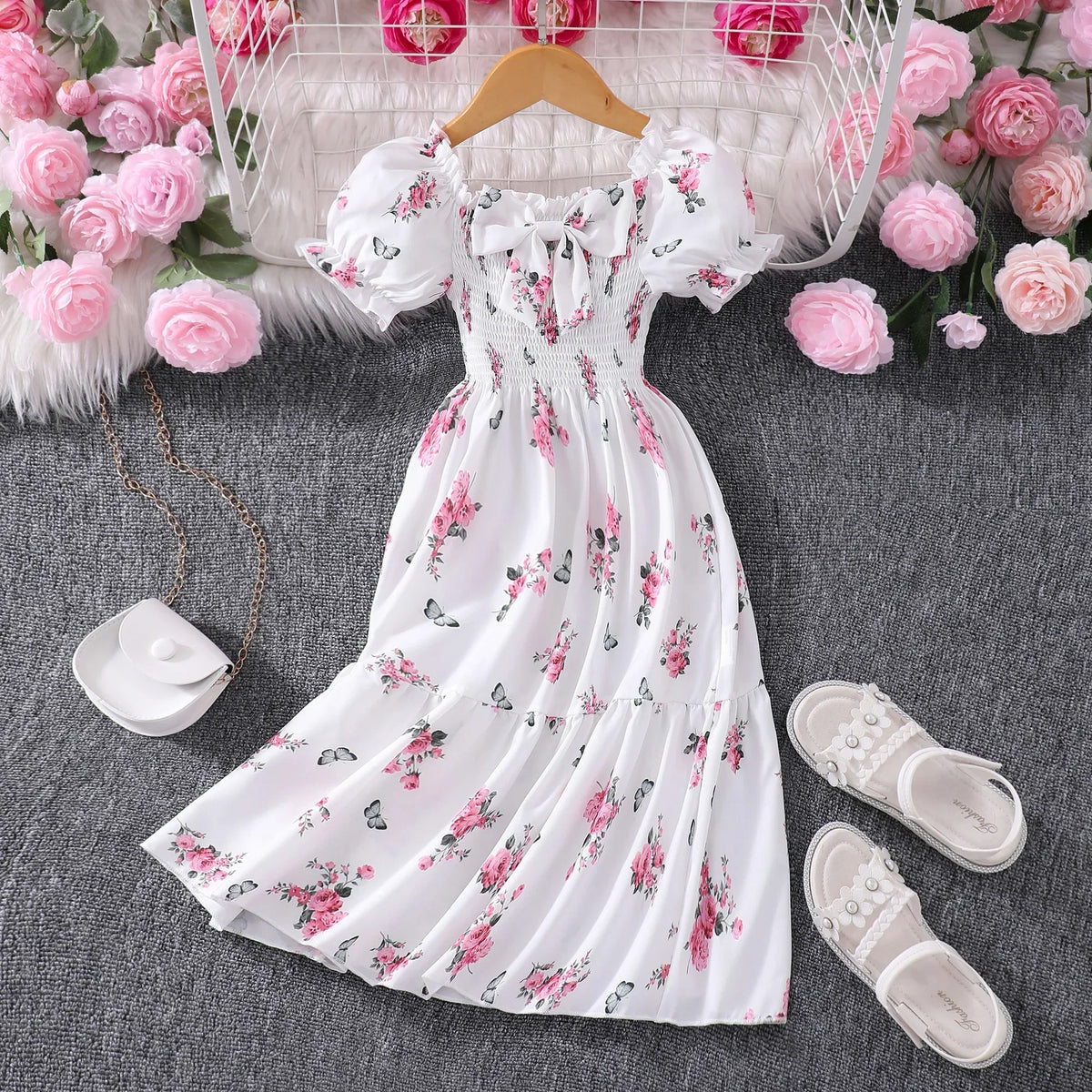 Pink Kids Girl Long Dress Summer Floral Toddler Girls Dresses Cute Sweet Elegant Birthday Party Children Costume 3 4 5 6 7 Yrs