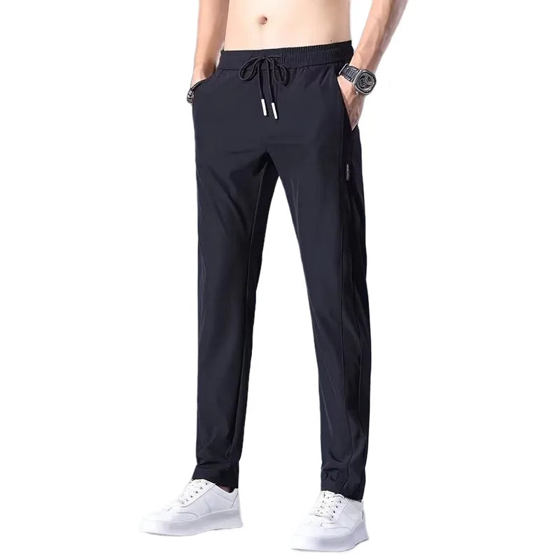 Men'S Summer Ice Silk Sporty Thin Straight Leg Long Pants Elastic Casual Trousers Large Size Versatile Youth Fashionable