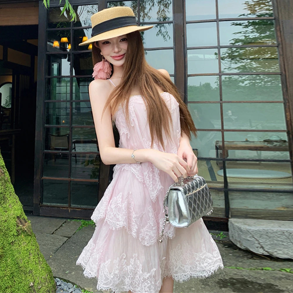 Sexy Splice Lace Heavyweight Strapless Vest Dress Loose Waist Spring Summer Autumn Sleeveless Backless City Commute Daily A-L...