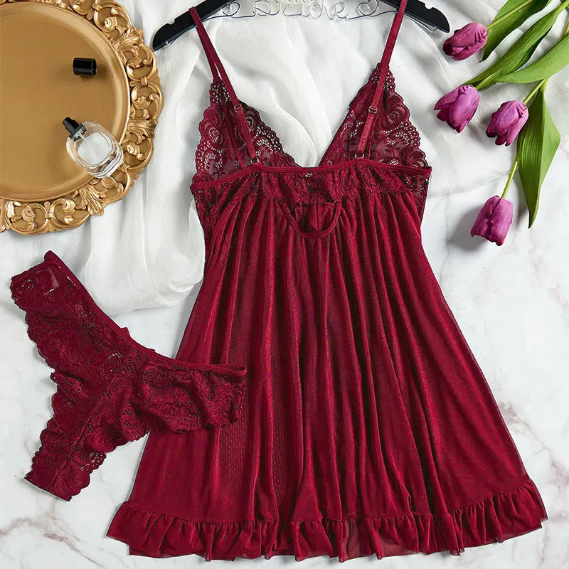 Summer Hot Sexy Sleepwear Dress Sleeveless Backless Women Lace Sheer Nightdress Solid Color Soft Pajamas Short V-neck Thong Set