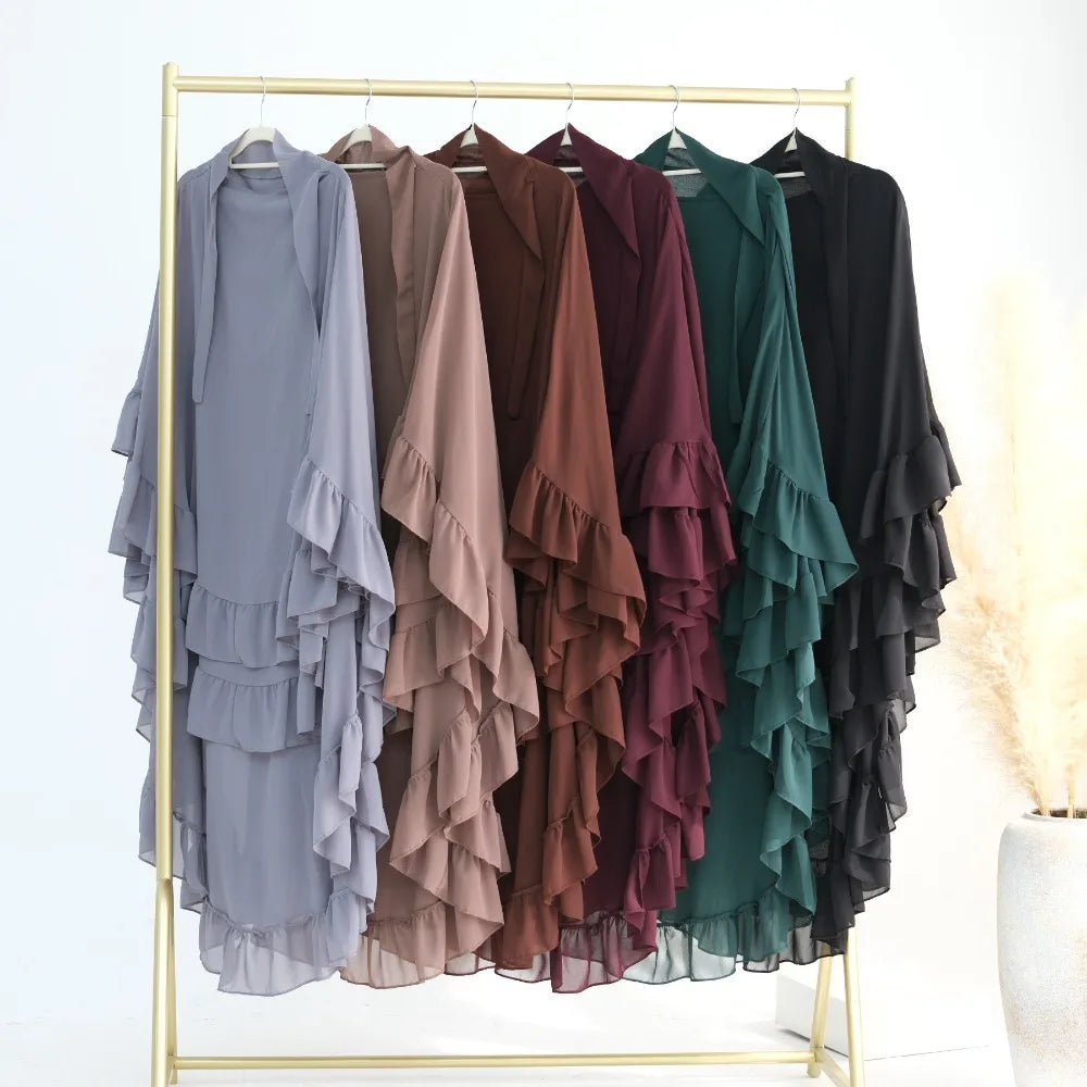 Ruffled Long Chiffon Muslim Abaya Solid Color One-piece Ramadan Khimar Abaya Headscarf Prayer Dress Dubai Saudi Black Robe