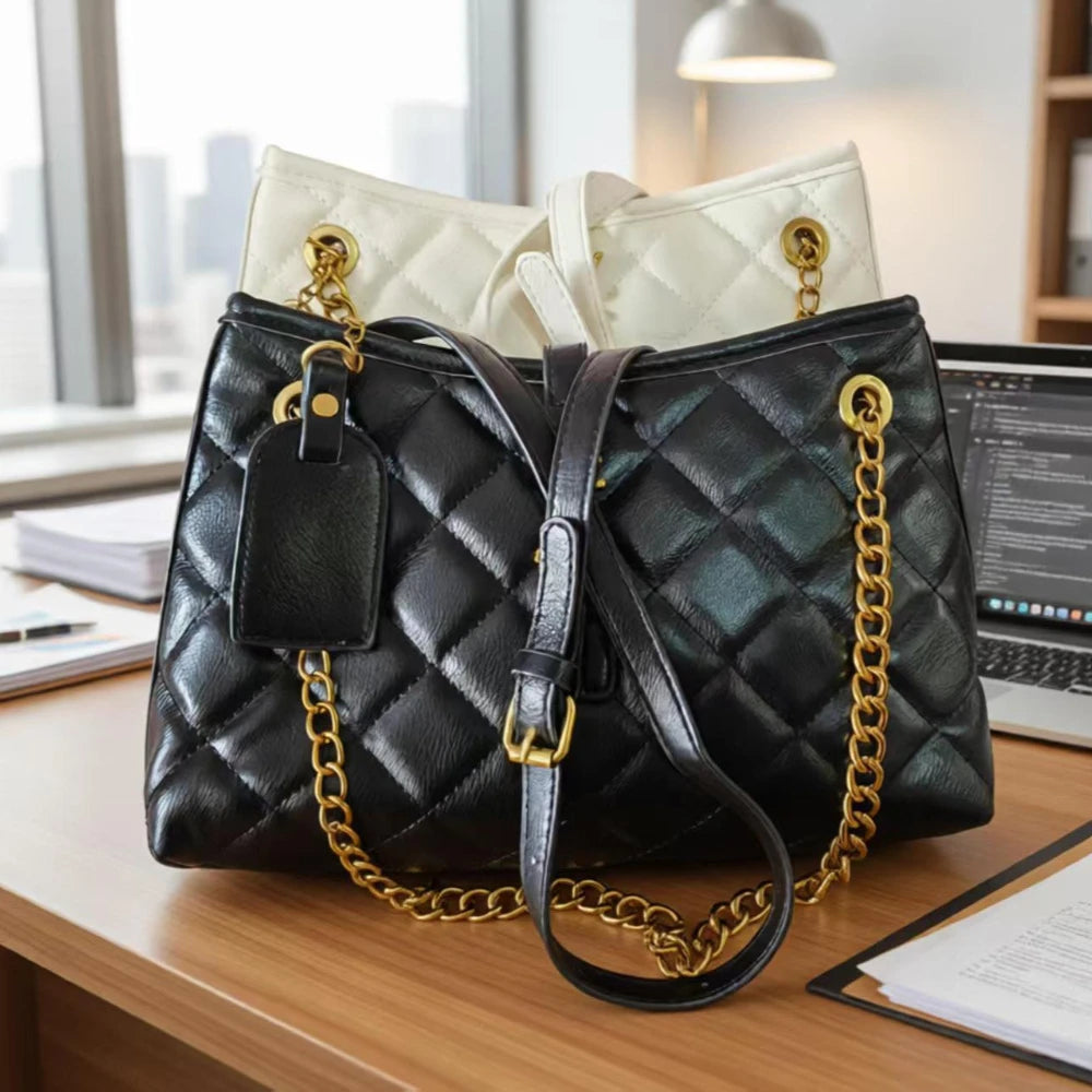 European Style This Year's New High-End Women's Diamond Grid Chain Bag Versatile for Work, Black Single Shoulder Crossbody Bag
