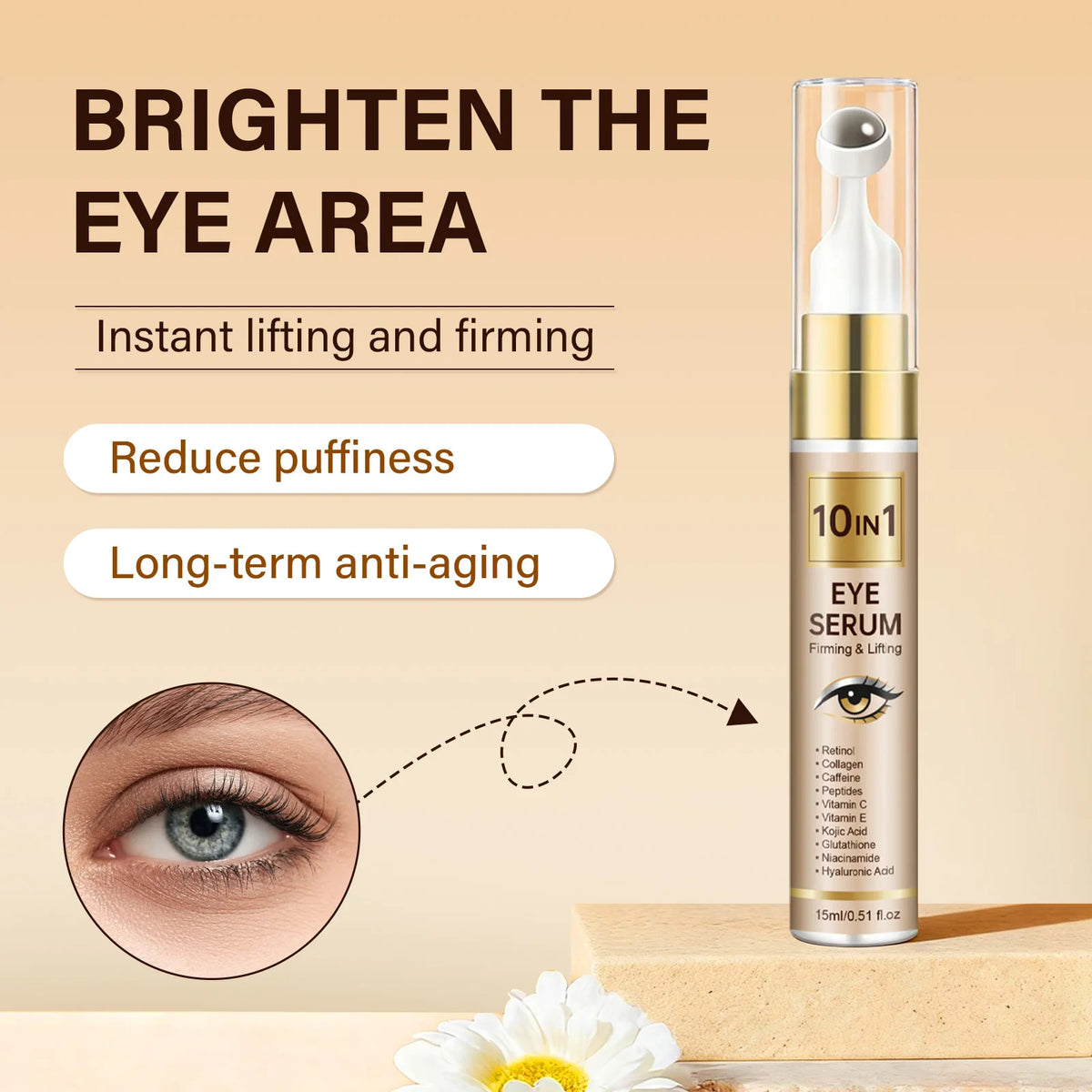 10 IN 1 Roller Eye Serum 15ml, Retinol Collagen Caffeine Peptides Niacinamide Hyaluronic Acid, Moisturizing Firming Lifting Eye Serum for Under Eye Daily Skin Care