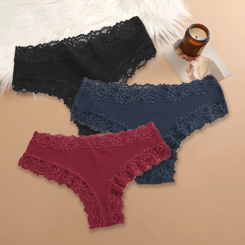 Women Cotton Panties Set 3 Pieces Floral Lace Patchwork Briefs Breathable Soft Underwear Size S XL