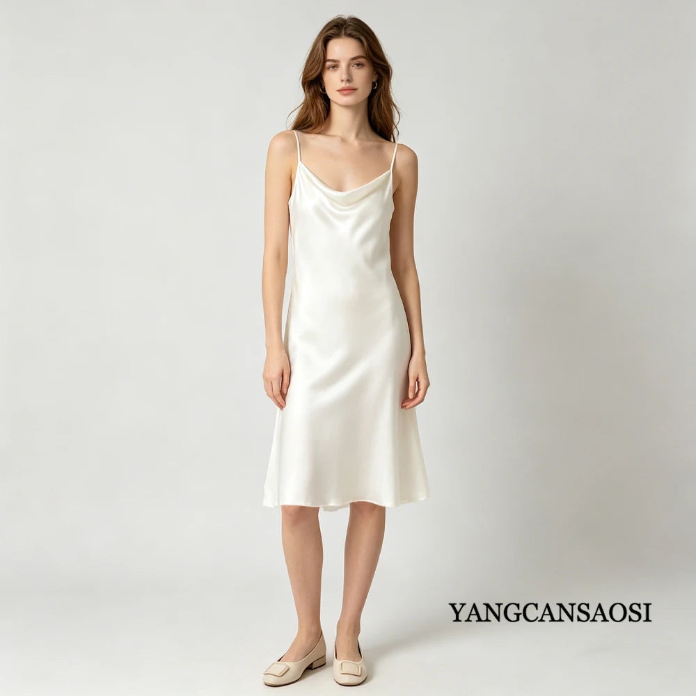 Women's Summer New Style French 100% Natural Mulberry Silk Plain Satin Swing Collar Temperament Camisole Slim Fit Party Dress