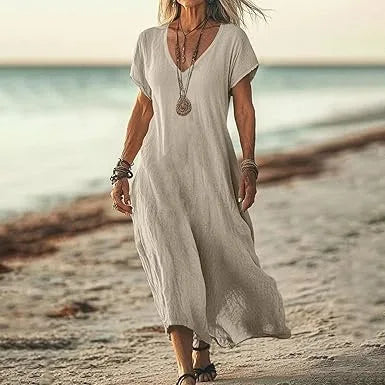 Independent Station Loose Solid Color V-neck Cotton and Linen Women's Dress
