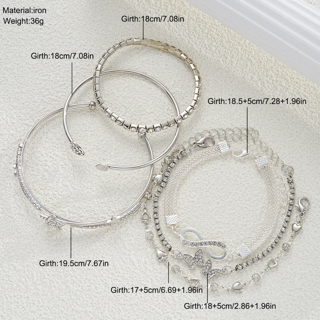 Elegant Sparkling Rhinestone Bracelets Set for Women Butterfly Heart Infinity Star Designs Open Bracelet Daily Wear Jewelry Gift