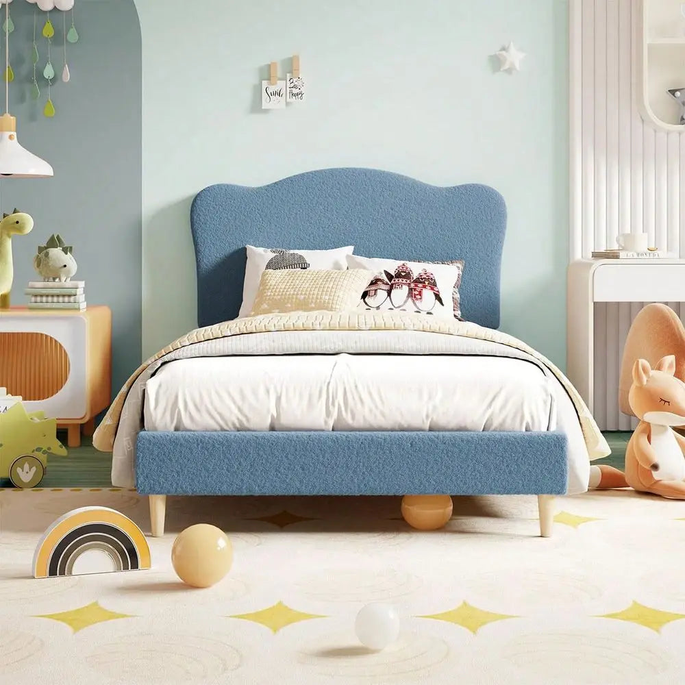 Twin Size Bed Frame For Kids With Scallop Headboard, Cute Velvet Twin Bed For Girls, Boys, Sturdy Platform Bed, No Box Spring N