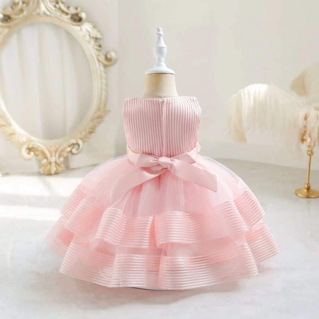 HETISO Girl Kid's Dress Flower Mesh Layered Striped Sleeveless Toddler Baby Party Gown for Girls 1-4 Years