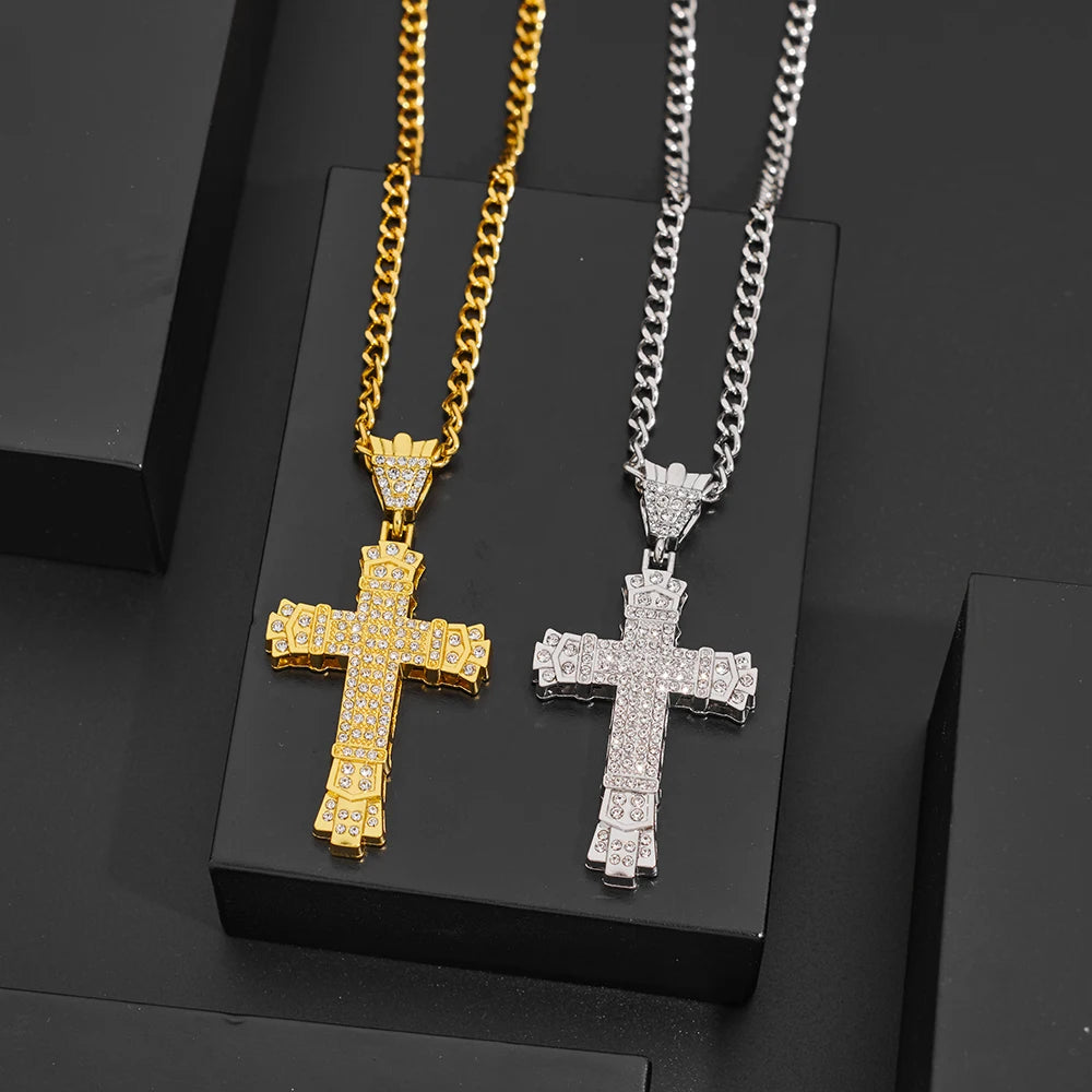 1 Style Men'S Rhinestone Christian Cross Rhinestone Pendant Necklace Personality Fashion Street Domineering Chain Jewelry