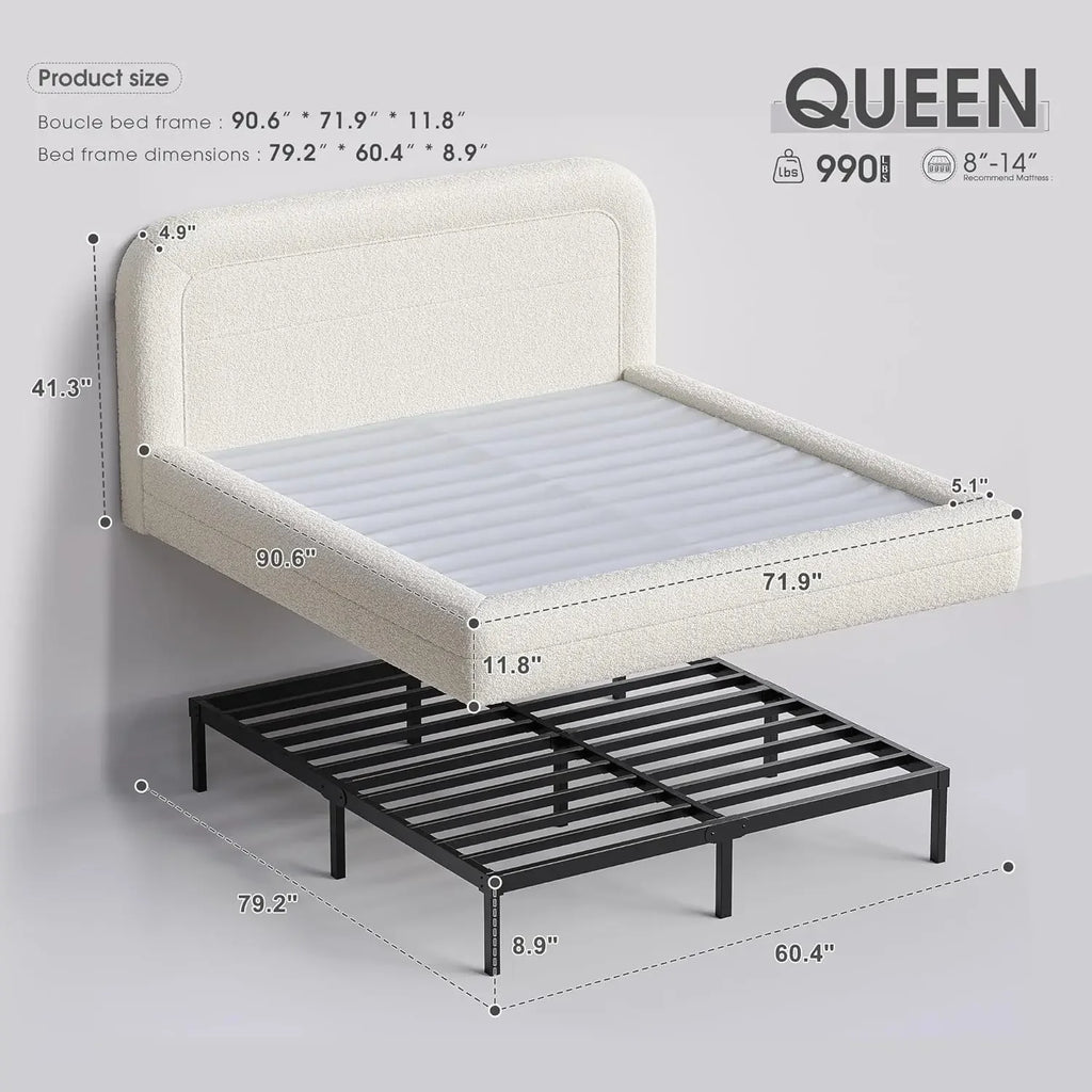 Queen Boucle Cloud Bed Frame Soft Rounded Corners Headboard No Box Spring Needed