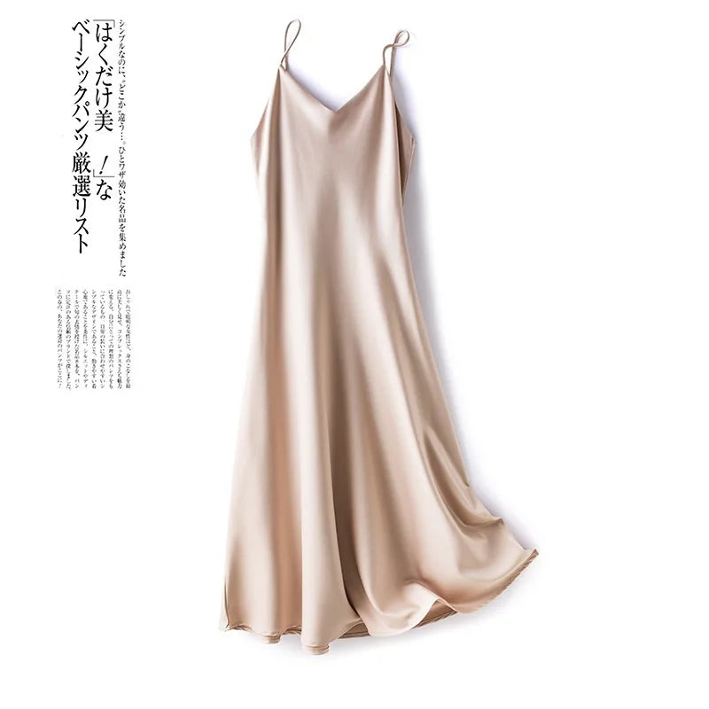 Sexy Solid Color Camisole Nightgown for Women Midi Length Sleeveless Slip Dress Inner Layer Base Dress Home Sleepwear Nightwear