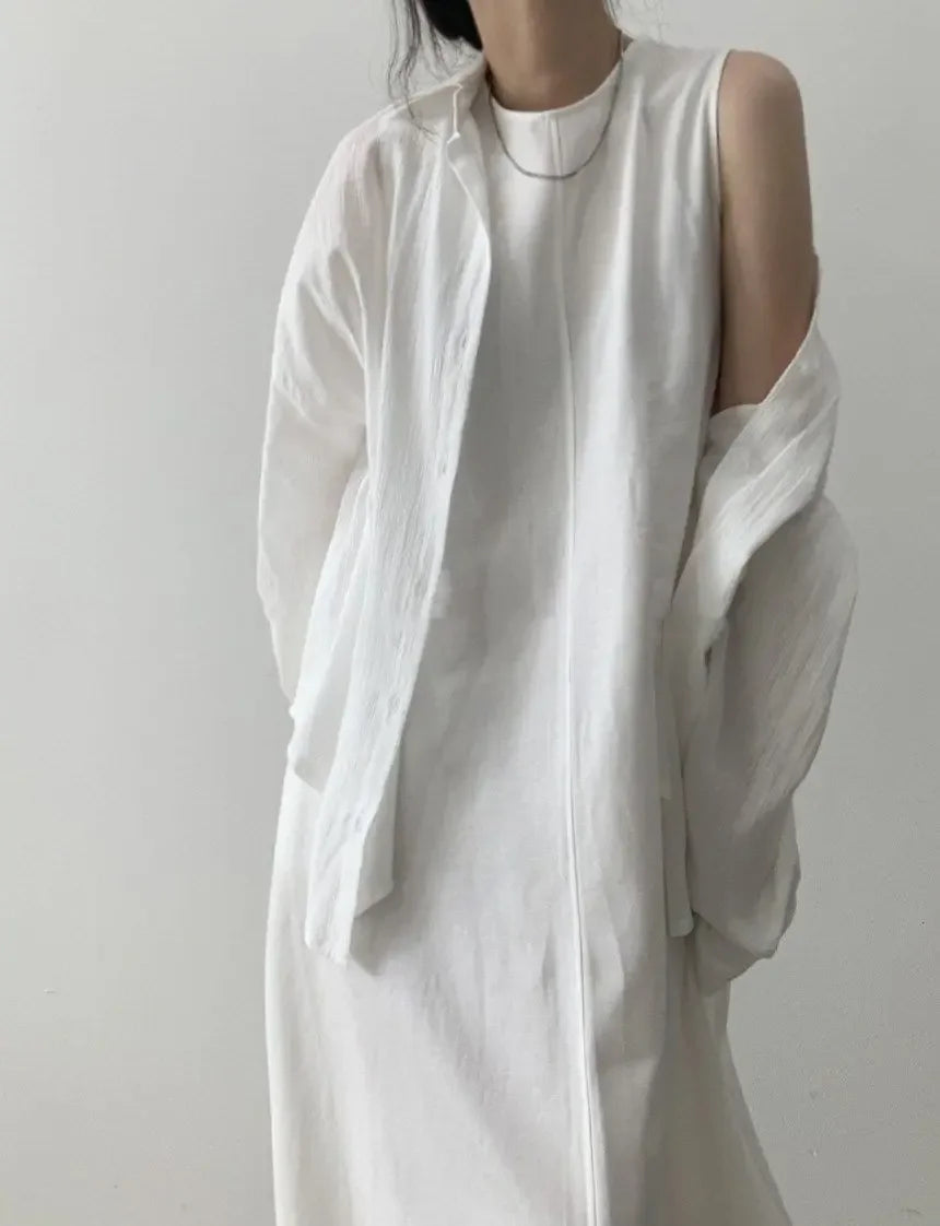 Korean Fashion Women Dress Casual Round Neck Loose Solid Color Casual Big Swing Sleeveless Long Linen Lazy Style Vestidos