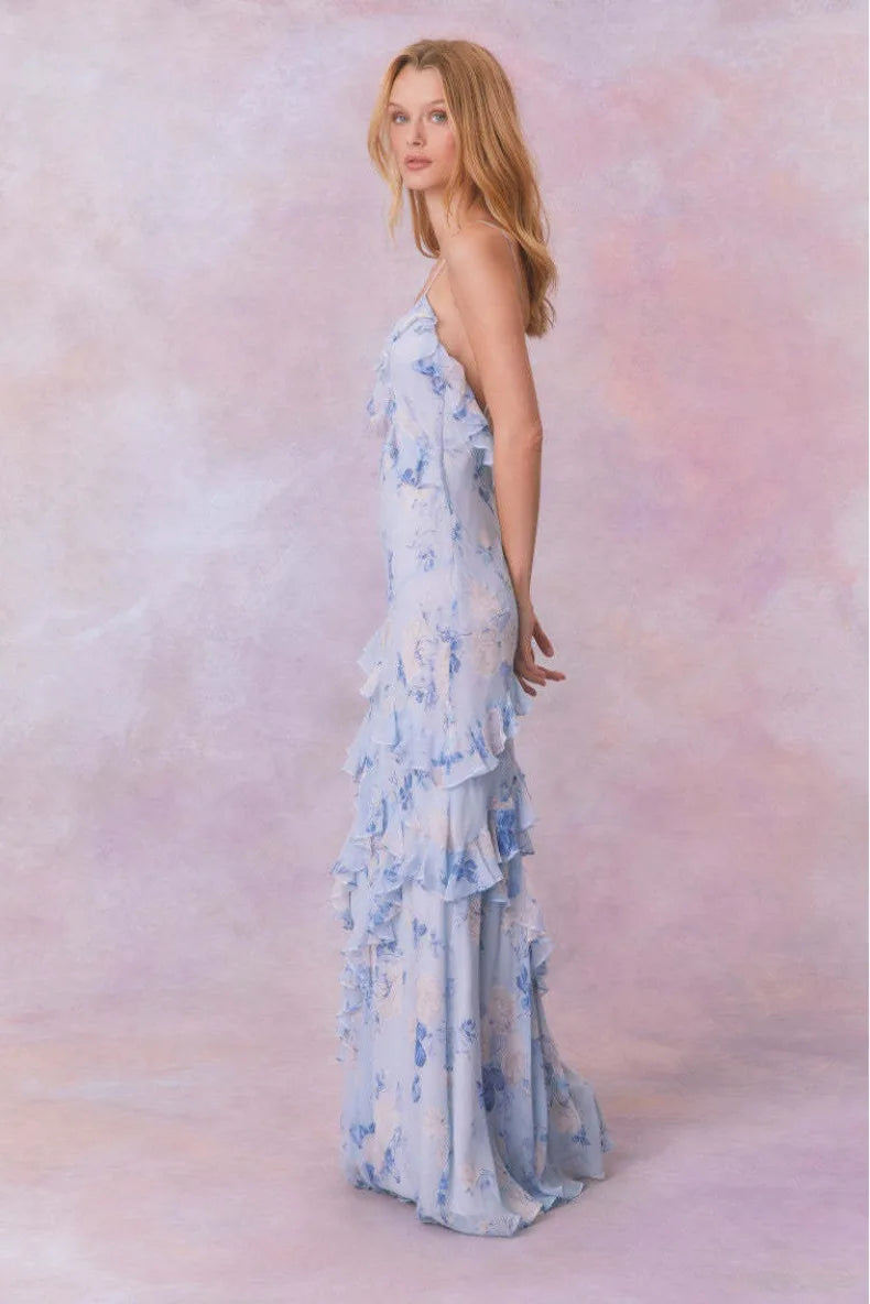 Lotus Leaf Edge French Floral Backless Dress Slim Fit Chiffon Solid Color Holiday Party Birthday Party Long Dress