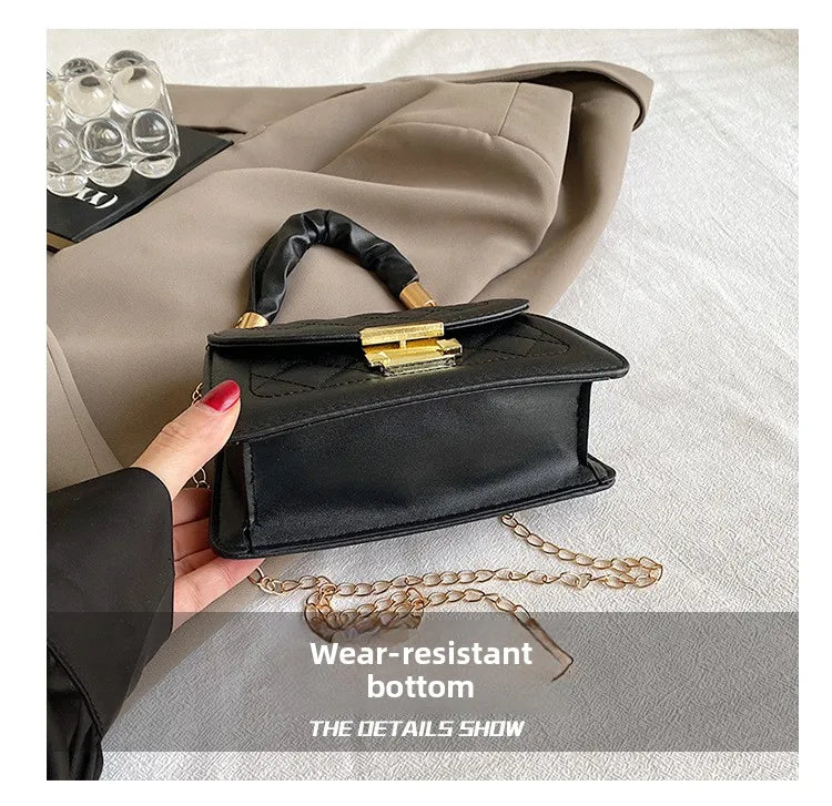 Elegant Women Quilted Top Handle Bags with Gold Chain Strap Ruched Handbag Fashion Lock Crossbody Bag Chic Mini Shoulder Purse